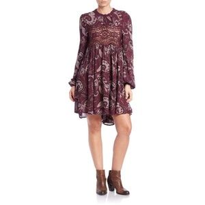 FREE PEOPLE  Burgundy Wine Print Lace Cut Out Front Dress M
